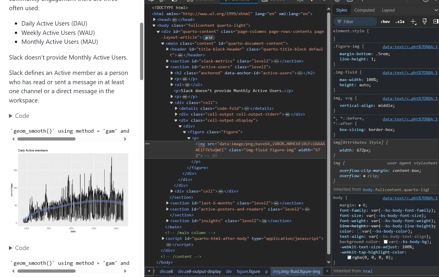 Screenshot of the Quarto report and chart, then html windown and then css window.